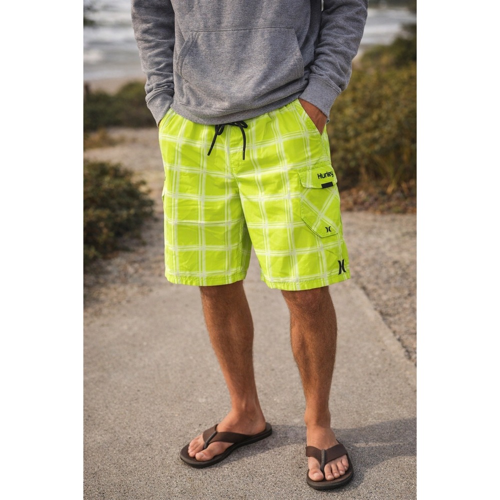 Hurley Board Shorts Mens 38 Neon Green Plaid Surf Swim Y2K Beach Skater Surfcore